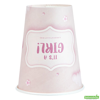 Wholesale Restaurantware Restpresso 12 Oz It's a Girl Paper Single Wall Coffee Cup - with White Lid - 3 1/2 X 3 1/2 X 4 3/4 - 400 Count Box- Bulk