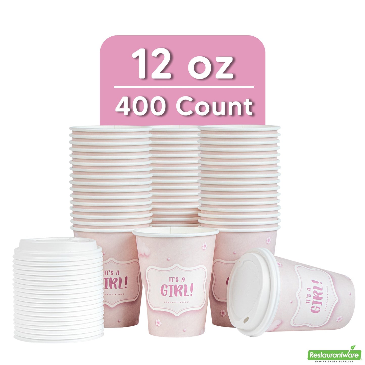 Wholesale Restaurantware Restpresso 12 Oz It's a Girl Paper Single Wall Coffee Cup - with White Lid - 3 1/2 X 3 1/2 X 4 3/4 - 400 Count Box- Bulk
