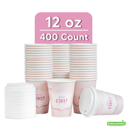 Wholesale Restaurantware Restpresso 12 Oz It's a Girl Paper Single Wall Coffee Cup - with White Lid - 3 1/2 X 3 1/2 X 4 3/4 - 400 Count Box- Bulk