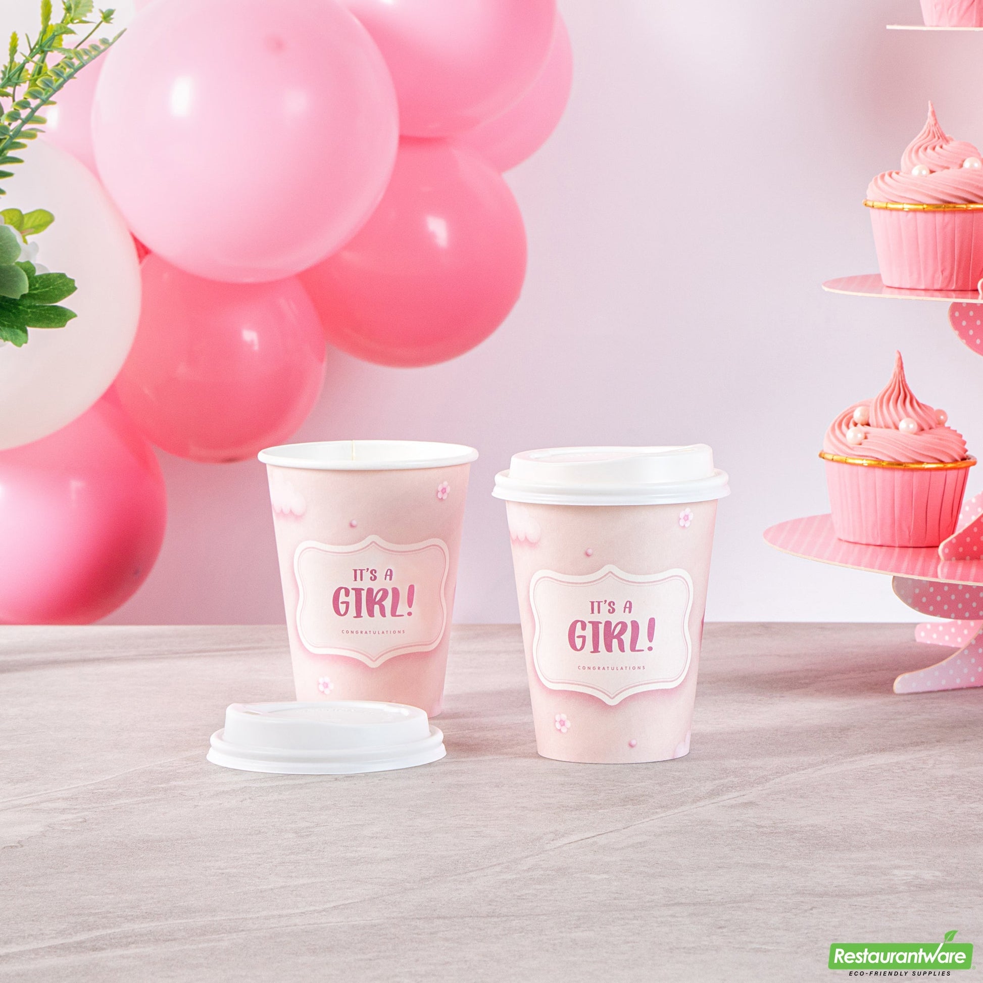Wholesale Restaurantware Restpresso 12 Oz It's a Girl Paper Single Wall Coffee Cup - with White Lid - 3 1/2 X 3 1/2 X 4 3/4 - 400 Count Box- Bulk