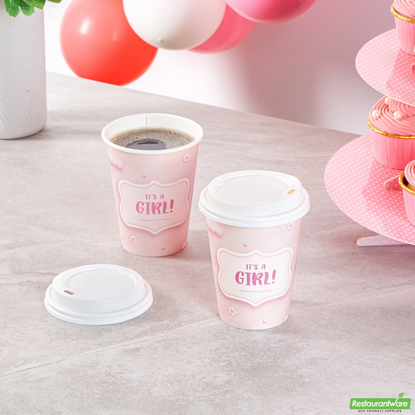 Wholesale Restaurantware Restpresso 12 Oz It's a Girl Paper Single Wall Coffee Cup - with White Lid - 3 1/2 X 3 1/2 X 4 3/4 - 400 Count Box- Bulk