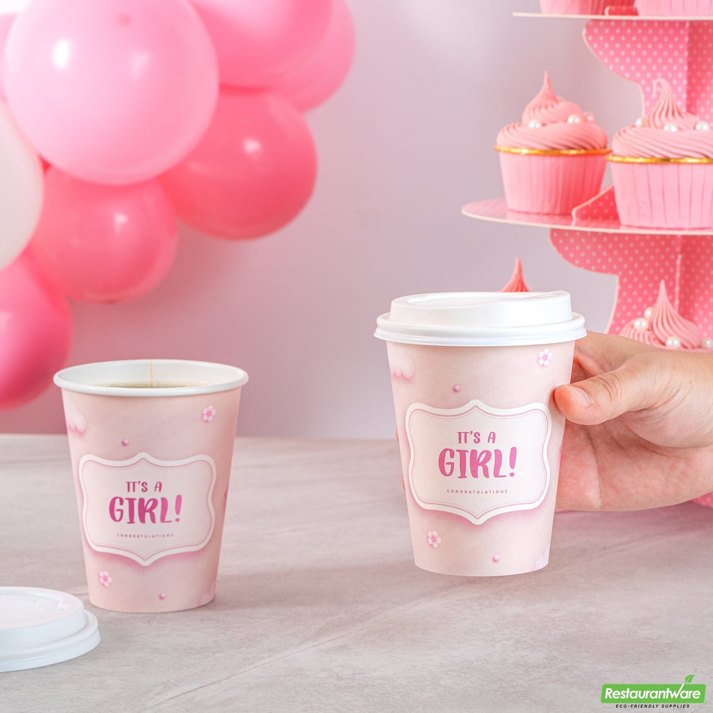 Wholesale Restaurantware Restpresso 12 Oz It's a Girl Paper Single Wall Coffee Cup - with White Lid - 3 1/2 X 3 1/2 X 4 3/4 - 400 Count Box- Bulk