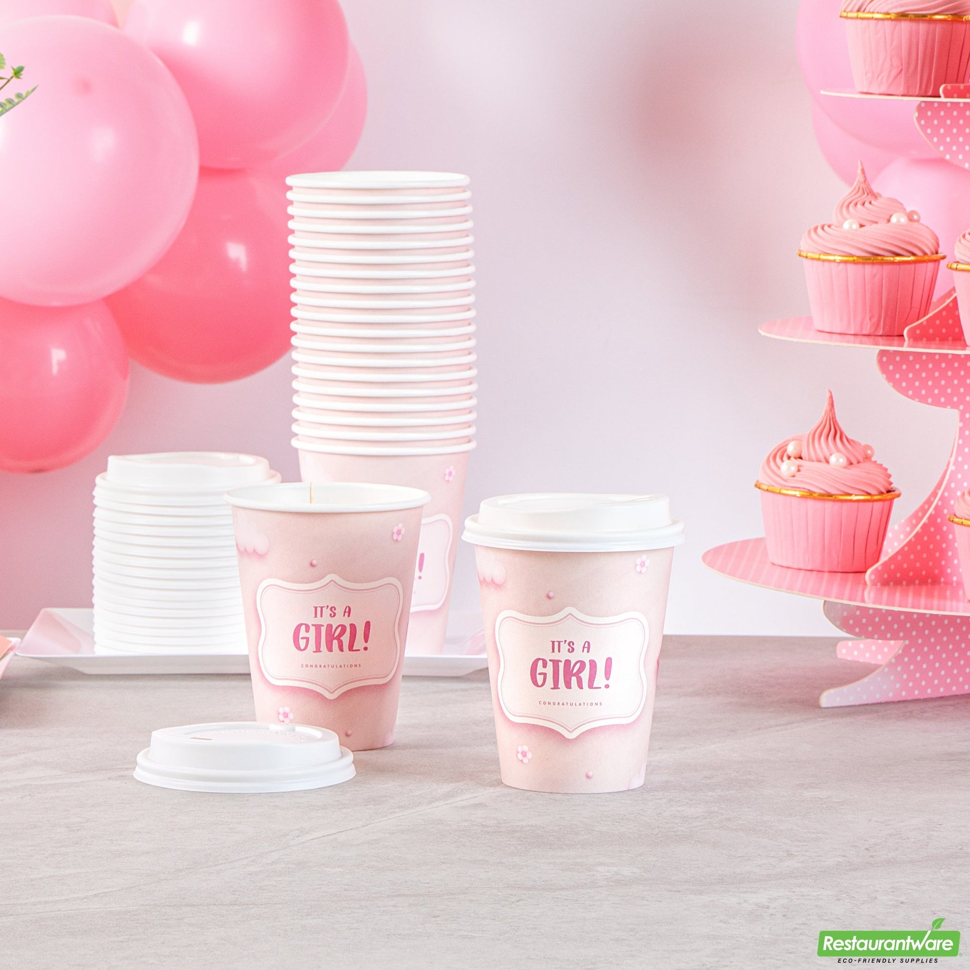 Wholesale Restaurantware Restpresso 12 Oz It's a Girl Paper Single Wall Coffee Cup - with White Lid - 3 1/2 X 3 1/2 X 4 3/4 - 400 Count Box- Bulk
