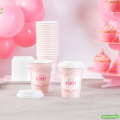 Wholesale Restaurantware Restpresso 12 Oz It's a Girl Paper Single Wall Coffee Cup - with White Lid - 3 1/2 X 3 1/2 X 4 3/4 - 400 Count Box- Bulk
