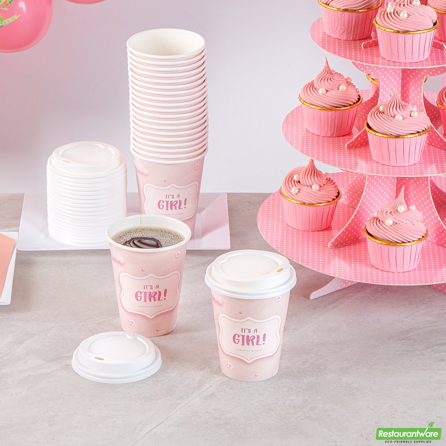 Wholesale Restaurantware Restpresso 12 Oz It's a Girl Paper Single Wall Coffee Cup - with White Lid - 3 1/2 X 3 1/2 X 4 3/4 - 400 Count Box- Bulk