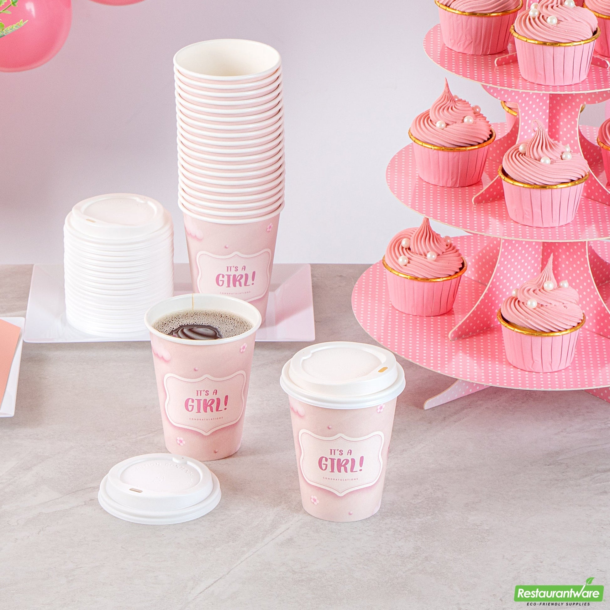 Wholesale Restaurantware Restpresso 12 Oz It's a Girl Paper Single Wall Coffee Cup - with White Lid - 3 1/2 X 3 1/2 X 4 3/4 - 400 Count Box- Bulk