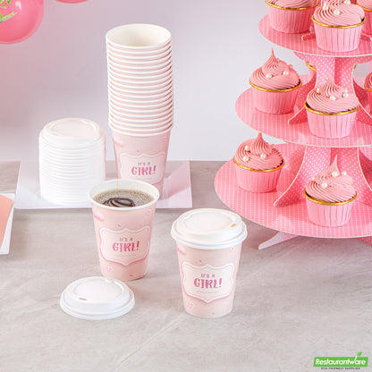 Wholesale Restaurantware Restpresso 12 Oz It's a Girl Paper Single Wall Coffee Cup - with White Lid - 3 1/2 X 3 1/2 X 4 3/4 - 400 Count Box- Bulk