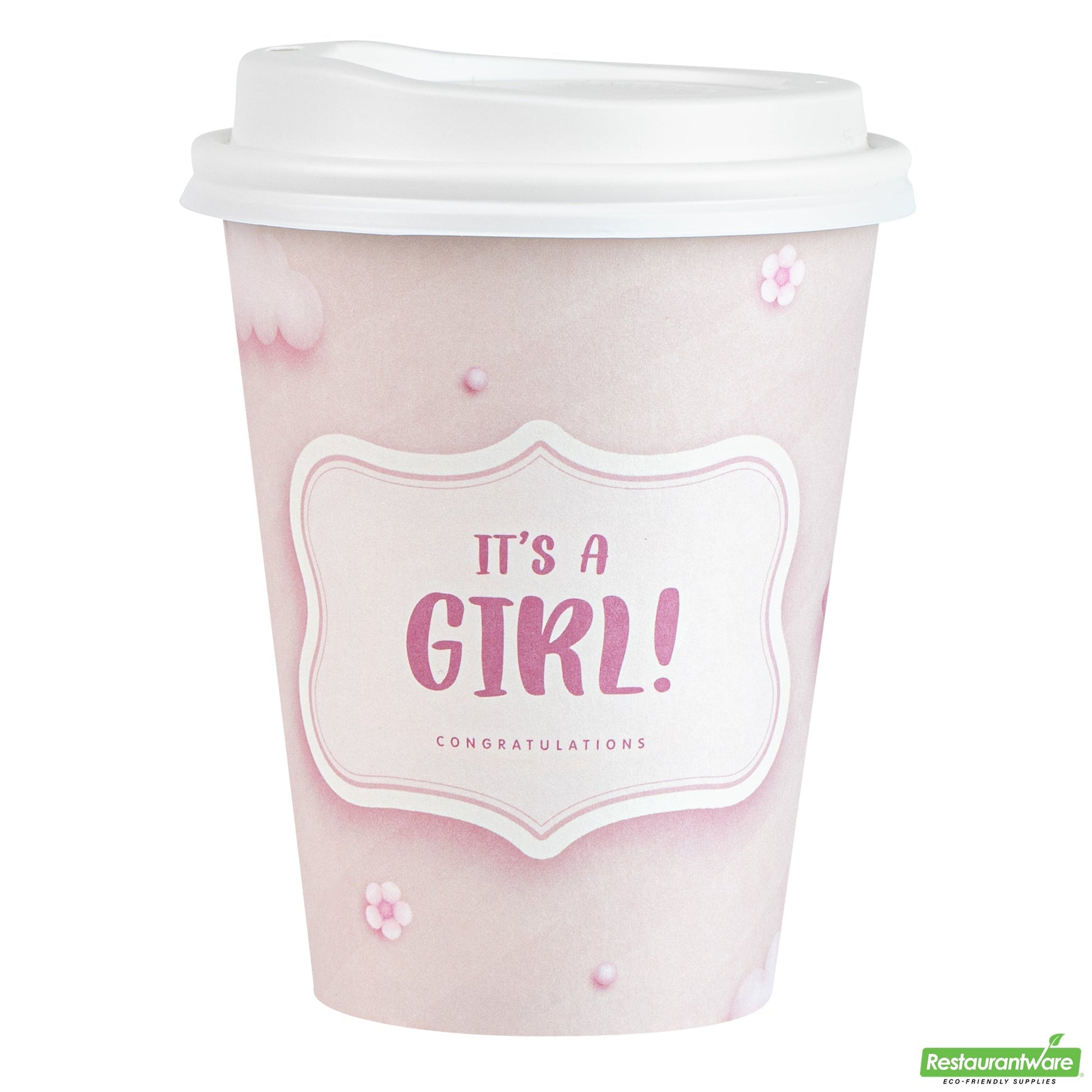 Wholesale Restaurantware Restpresso 12 Oz It's a Girl Paper Single Wall Coffee Cup - with White Lid - 3 1/2 X 3 1/2 X 4 3/4 - 400 Count Box- Bulk