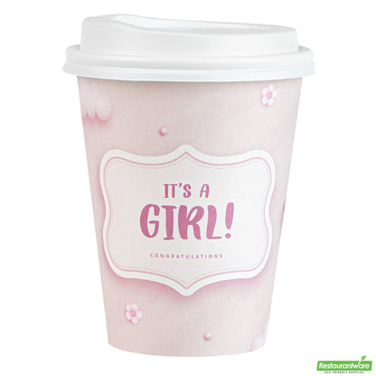 Wholesale Restaurantware Restpresso 12 Oz It's a Girl Paper Single Wall Coffee Cup - with White Lid - 3 1/2 X 3 1/2 X 4 3/4 - 400 Count Box- Bulk