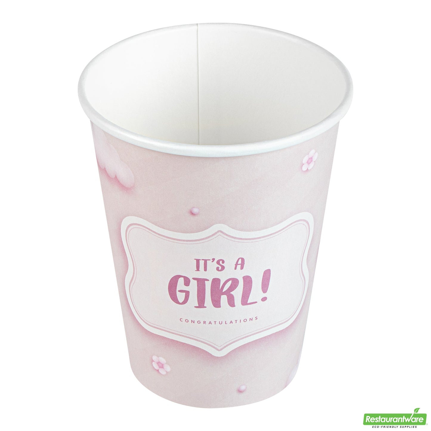 Wholesale Restaurantware Restpresso 12 Oz It's a Girl Paper Single Wall Coffee Cup - with White Lid - 3 1/2 X 3 1/2 X 4 3/4 - 400 Count Box- Bulk