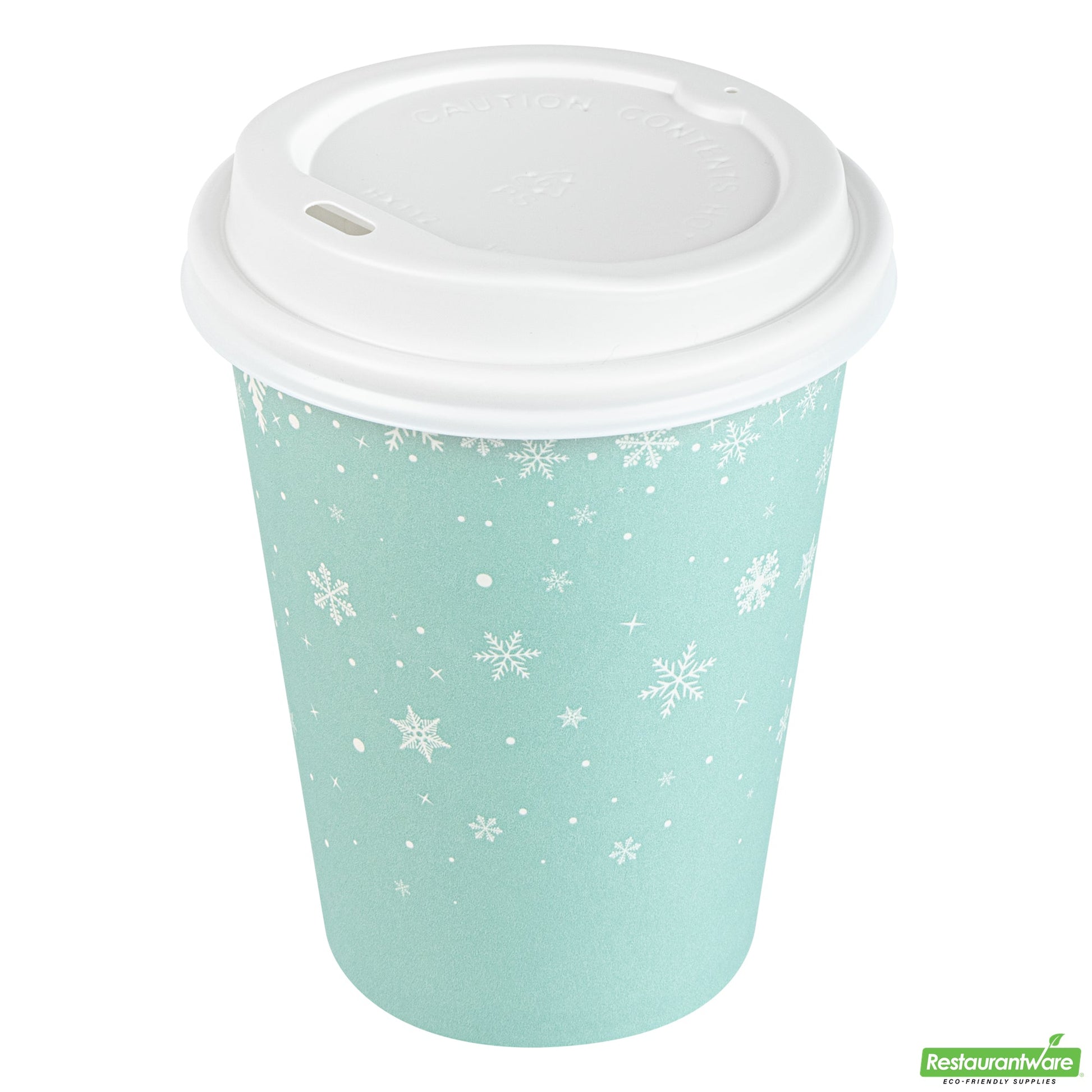 Wholesale Restaurantware Restpresso 12 Oz Blue Christmas Snowflakes Paper Single Wall Coffee Cup - with White Lid - 3 1/2" X 3 1/2" X 4 3/4" - 20 Count Box- Bulk