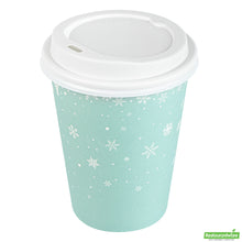 Wholesale Restaurantware Restpresso 12 Oz Blue Christmas Snowflakes Paper Single Wall Coffee Cup - with White Lid - 3 1/2" X 3 1/2" X 4 3/4" - 20 Count Box- Bulk