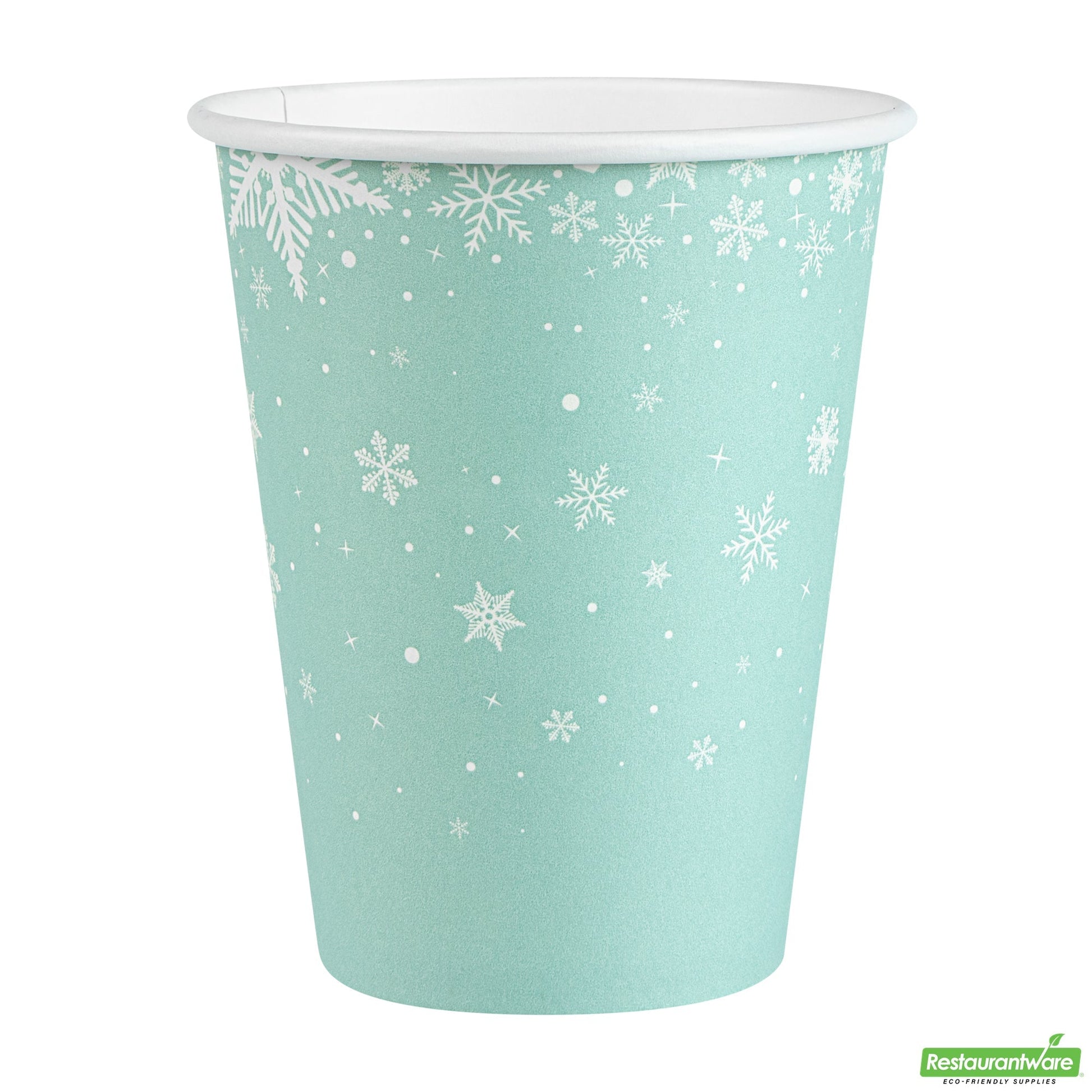 Wholesale Restaurantware Restpresso 12 Oz Blue Christmas Snowflakes Paper Single Wall Coffee Cup - with White Lid - 3 1/2" X 3 1/2" X 4 3/4" - 20 Count Box- Bulk