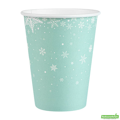 Wholesale Restaurantware Restpresso 12 Oz Blue Christmas Snowflakes Paper Single Wall Coffee Cup - with White Lid - 3 1/2" X 3 1/2" X 4 3/4" - 20 Count Box- Bulk