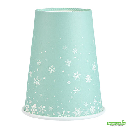 Wholesale Restaurantware Restpresso 12 Oz Blue Christmas Snowflakes Paper Single Wall Coffee Cup - with White Lid - 3 1/2" X 3 1/2" X 4 3/4" - 20 Count Box- Bulk