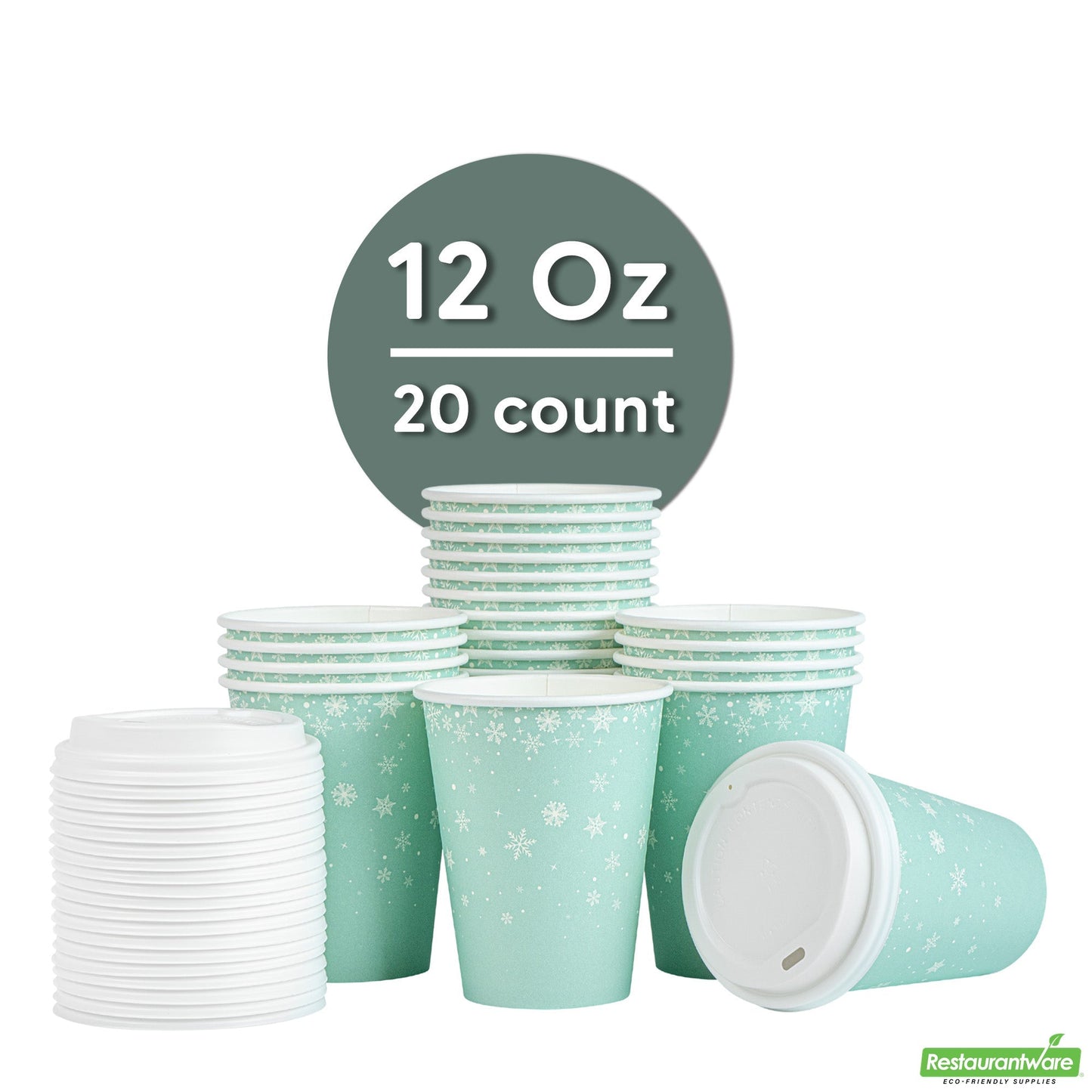 Wholesale Restaurantware Restpresso 12 Oz Blue Christmas Snowflakes Paper Single Wall Coffee Cup - with White Lid - 3 1/2" X 3 1/2" X 4 3/4" - 20 Count Box- Bulk