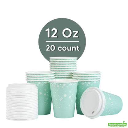 Wholesale Restaurantware Restpresso 12 Oz Blue Christmas Snowflakes Paper Single Wall Coffee Cup - with White Lid - 3 1/2" X 3 1/2" X 4 3/4" - 20 Count Box- Bulk