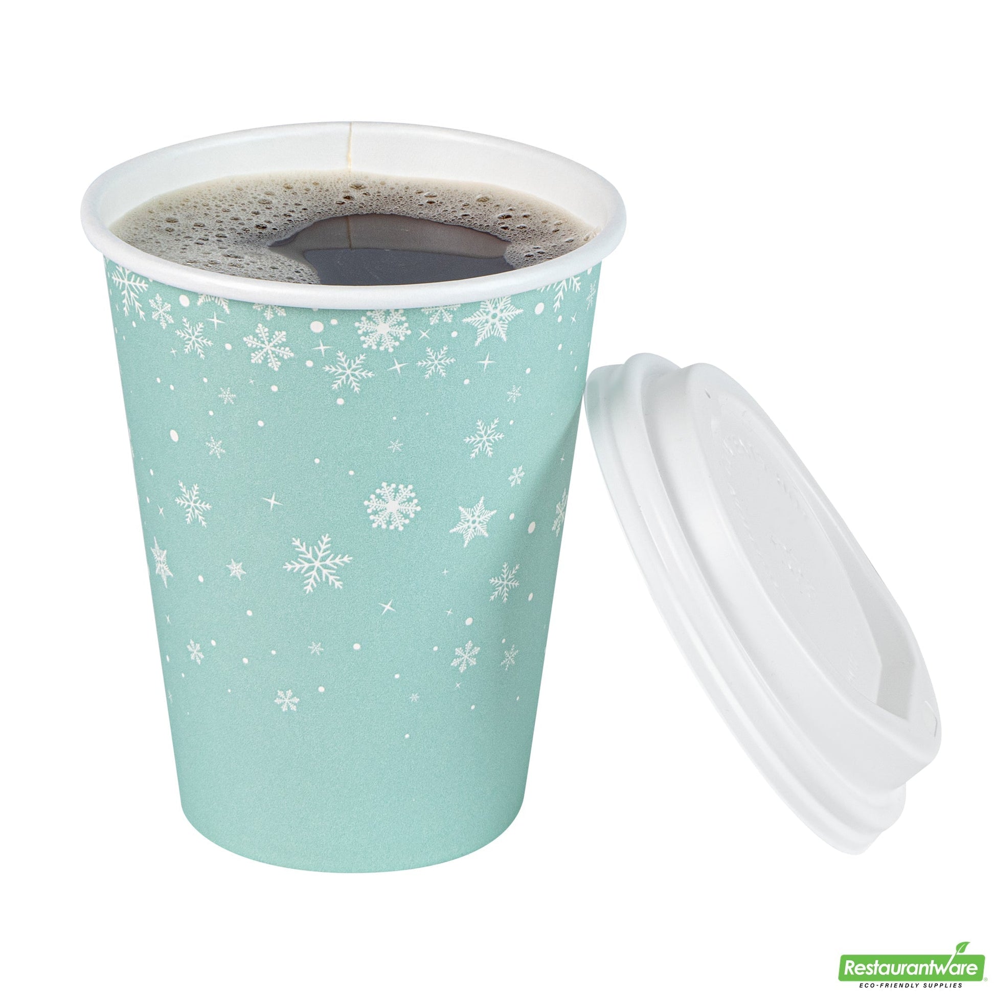 Wholesale Restaurantware Restpresso 12 Oz Blue Christmas Snowflakes Paper Single Wall Coffee Cup - with White Lid - 3 1/2" X 3 1/2" X 4 3/4" - 20 Count Box- Bulk