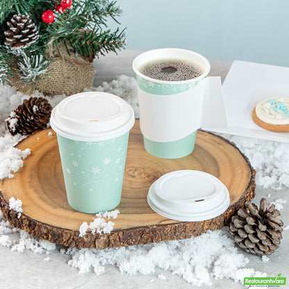 Wholesale Restaurantware Restpresso 12 Oz Blue Christmas Snowflakes Paper Single Wall Coffee Cup - with White Lid - 3 1/2" X 3 1/2" X 4 3/4" - 20 Count Box- Bulk