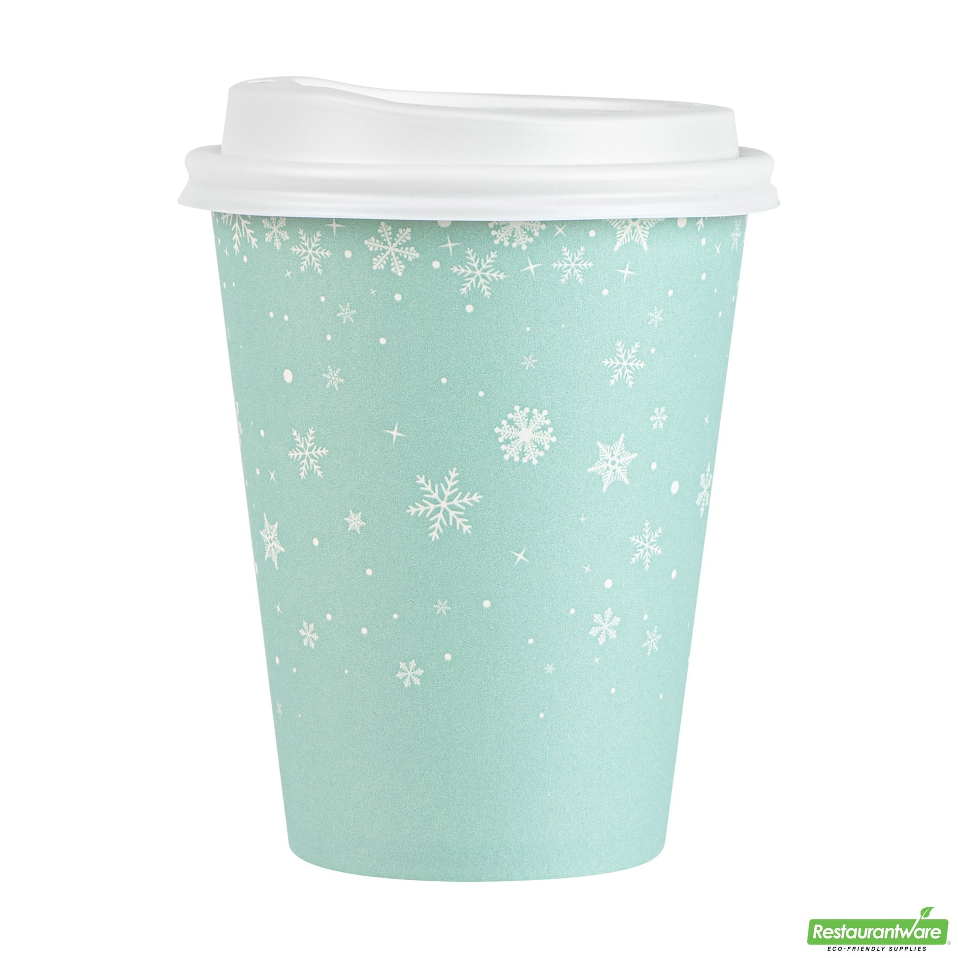 Wholesale Restaurantware Restpresso 12 Oz Blue Christmas Snowflakes Paper Single Wall Coffee Cup - with White Lid - 3 1/2" X 3 1/2" X 4 3/4" - 20 Count Box- Bulk