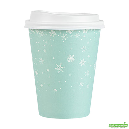 Wholesale Restaurantware Restpresso 12 Oz Blue Christmas Snowflakes Paper Single Wall Coffee Cup - with White Lid - 3 1/2" X 3 1/2" X 4 3/4" - 20 Count Box- Bulk