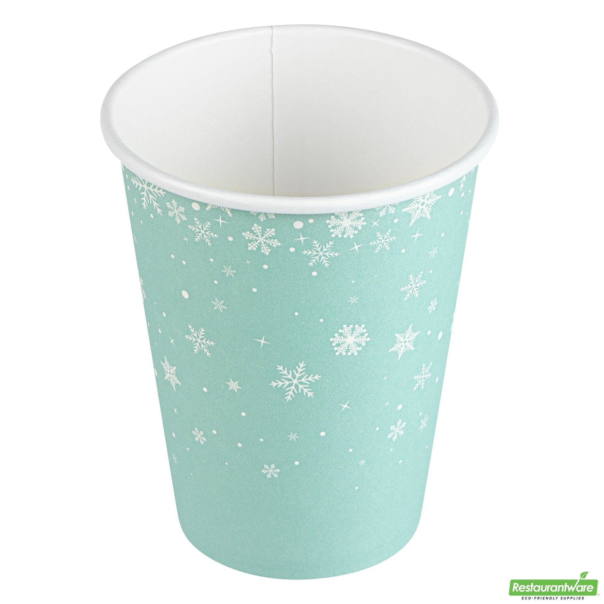 Wholesale Restaurantware Restpresso 12 Oz Blue Christmas Snowflakes Paper Single Wall Coffee Cup - with White Lid - 3 1/2" X 3 1/2" X 4 3/4" - 20 Count Box- Bulk