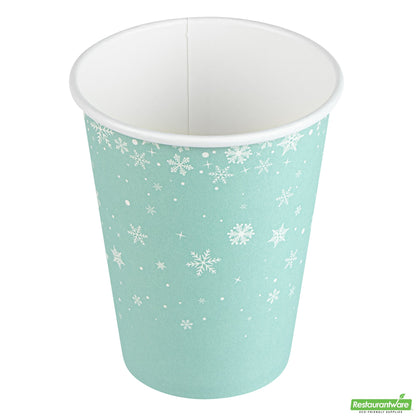 Wholesale Restaurantware Restpresso 12 Oz Blue Christmas Snowflakes Paper Single Wall Coffee Cup - with White Lid - 3 1/2" X 3 1/2" X 4 3/4" - 20 Count Box- Bulk