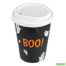 Wholesale Restaurantware Restpresso 12 Oz Halloween Paper Single Wall Coffee Cup - with White Lid - 3 1/2" X 3 1/2" X 4 3/4" - 400 Count Box- Bulk