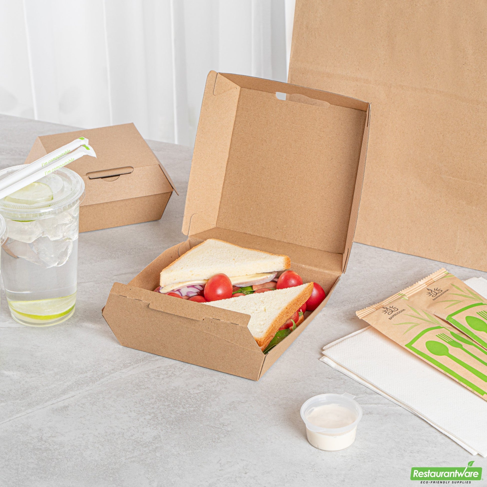 Wholesale Restaurantware Bio Tek Square Kraft Paper Corrugated Clamshell Container - 5 1/2" X 5 1/2" X 2 3/4" - 100 Count Box- Bulk