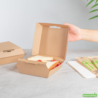 Wholesale Restaurantware Bio Tek Square Kraft Paper Corrugated Clamshell Container - 5 1/2" X 5 1/2" X 2 3/4" - 100 Count Box- Bulk