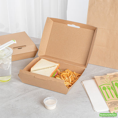 Wholesale Restaurantware Bio Tek Rectangle Kraft Paper Corrugated Clamshell Container - 7 3/4" X 6" X 2 3/4" - 100 Count Box- Bulk