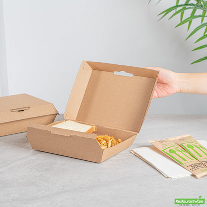 Wholesale Restaurantware Bio Tek Rectangle Kraft Paper Corrugated Clamshell Container - 7 3/4" X 6" X 2 3/4" - 100 Count Box- Bulk