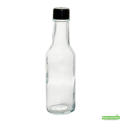 Wholesale Restaurantware Vetri 5 Oz Glass Woozy Bottle - with Black Cap - 1 3/4" X 1 3/4" X 6 3/4" - 10 Count Box- Bulk