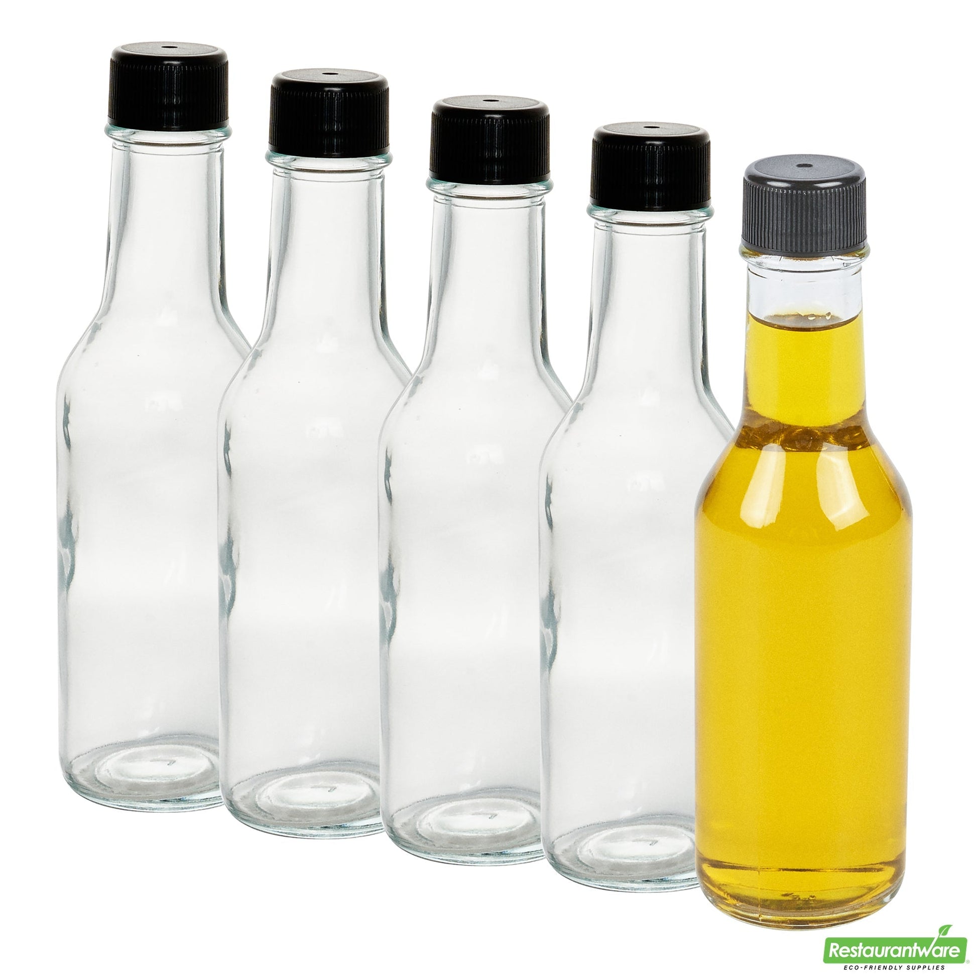 Wholesale Restaurantware Vetri 5 Oz Glass Woozy Bottle - with Black Cap - 1 3/4" X 1 3/4" X 6 3/4" - 10 Count Box- Bulk