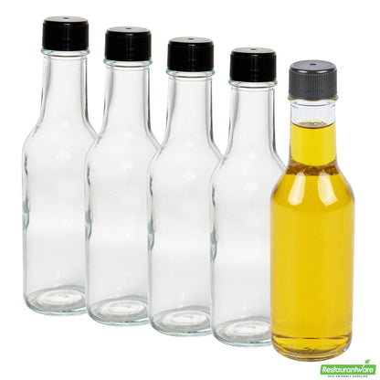 Wholesale Restaurantware Vetri 5 Oz Glass Woozy Bottle - with Black Cap - 1 3/4" X 1 3/4" X 6 3/4" - 10 Count Box- Bulk
