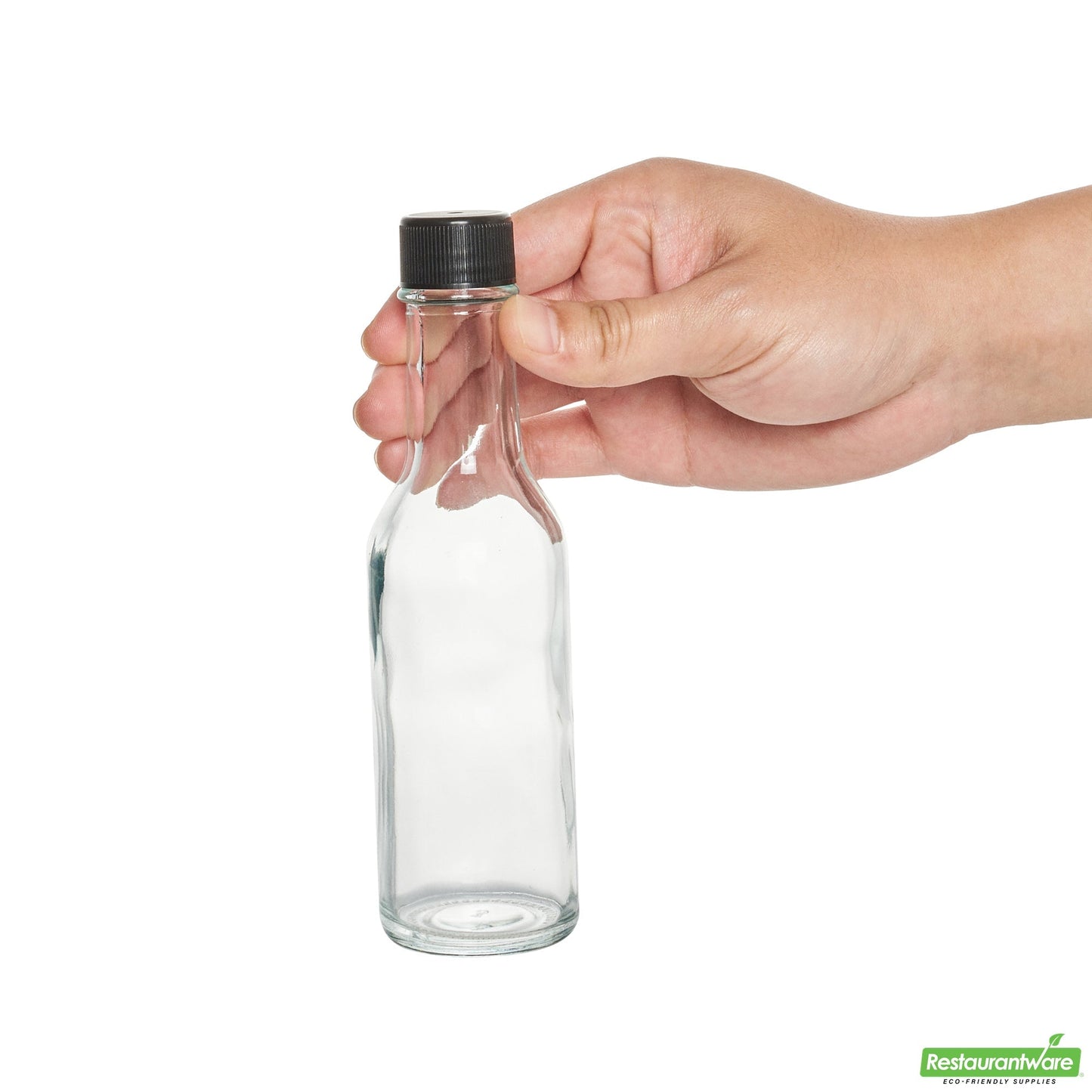 Wholesale Restaurantware Vetri 5 Oz Glass Woozy Bottle - with Black Cap - 1 3/4" X 1 3/4" X 6 3/4" - 10 Count Box- Bulk