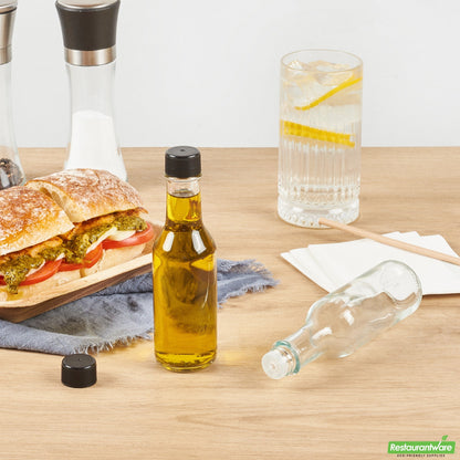 Wholesale Restaurantware Vetri 5 Oz Glass Woozy Bottle - with Black Cap - 1 3/4" X 1 3/4" X 6 3/4" - 10 Count Box- Bulk