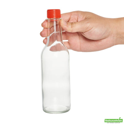 Wholesale Restaurantware Vetri 9 Oz Glass Woozy Bottle - with Red Cap - 2 1/4" X 2 1/4" X 7 3/4" - 10 Count Box- Bulk