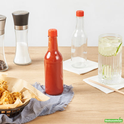 Wholesale Restaurantware Vetri 9 Oz Glass Woozy Bottle - with Red Cap - 2 1/4" X 2 1/4" X 7 3/4" - 10 Count Box- Bulk