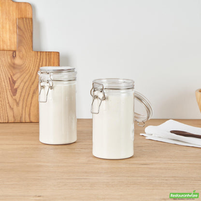 Wholesale Restaurantware Met Lux 32 Oz Round Clear Plastic Storage Jar - with Hinged Lid - 3 3/4" X 3 3/4" X 7 1/4" - 2 Count Box- Bulk