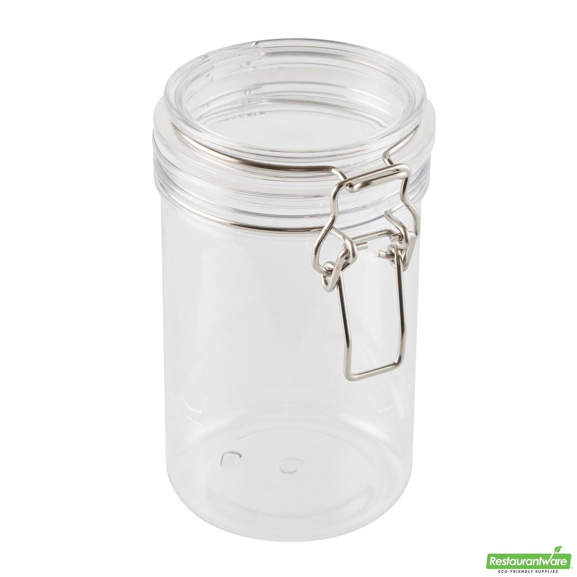 Wholesale Restaurantware Met Lux 24 Oz Round Clear Plastic Storage Jar - with Hinged Lid - 3 1/2" X 3 1/2" X 6" - 20 Count Box- Bulk