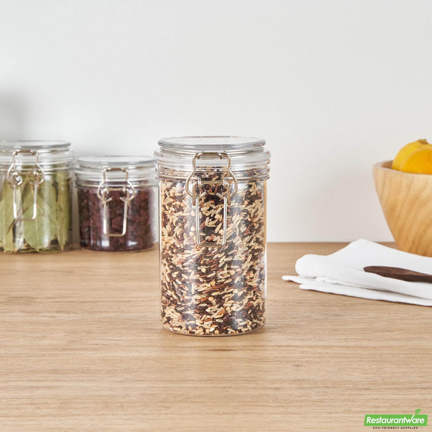 Wholesale Restaurantware Met Lux 24 Oz Round Clear Plastic Storage Jar - with Hinged Lid - 3 1/2" X 3 1/2" X 6" - 20 Count Box- Bulk