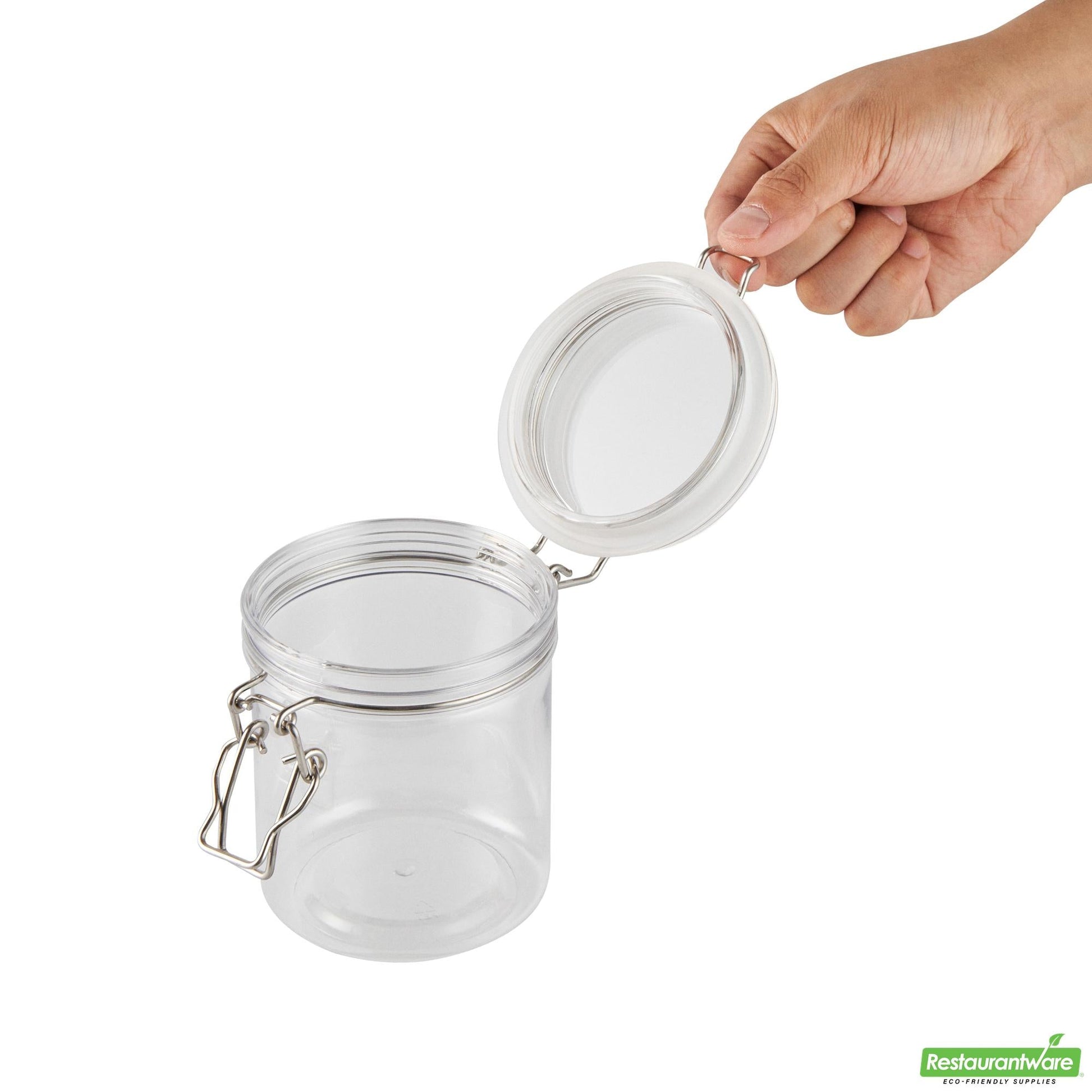 Wholesale Restaurantware Met Lux 17 Oz Round Clear Plastic Storage Jar - with Hinged Lid - 3 1/2" X 3 1/2" X 4 1/2" - 20 Count Box- Bulk
