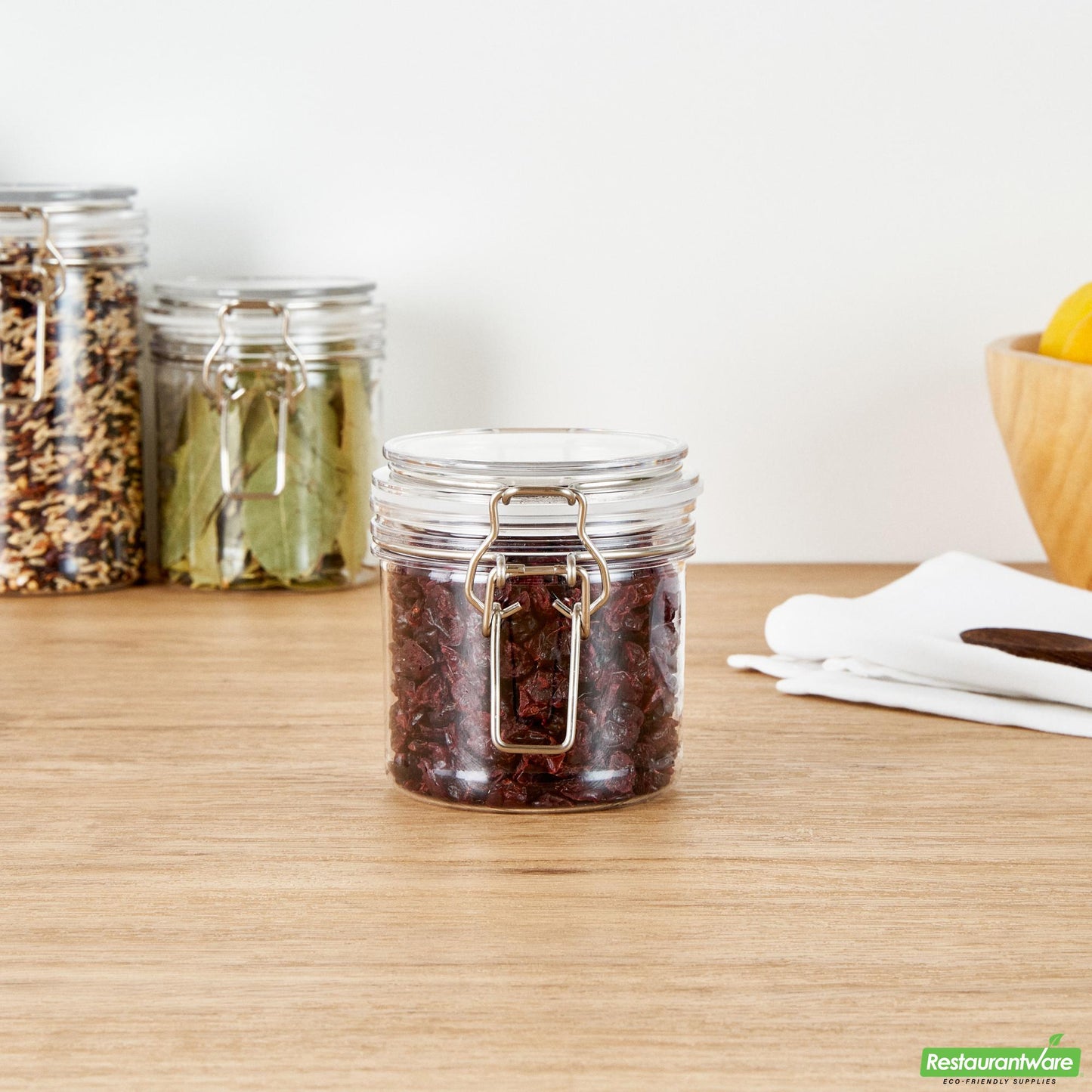 Wholesale Restaurantware Met Lux 15 Oz Round Clear Plastic Storage Jar - with Hinged Lid - 3 1/2" X 3 1/2" X 4" - 2 Count Box- Bulk