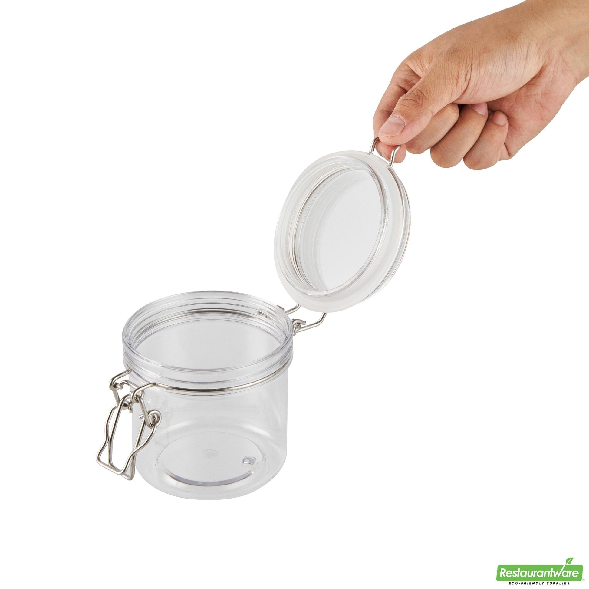 Wholesale Restaurantware Met Lux 15 Oz Round Clear Plastic Storage Jar - with Hinged Lid - 3 1/2" X 3 1/2" X 4" - 2 Count Box- Bulk