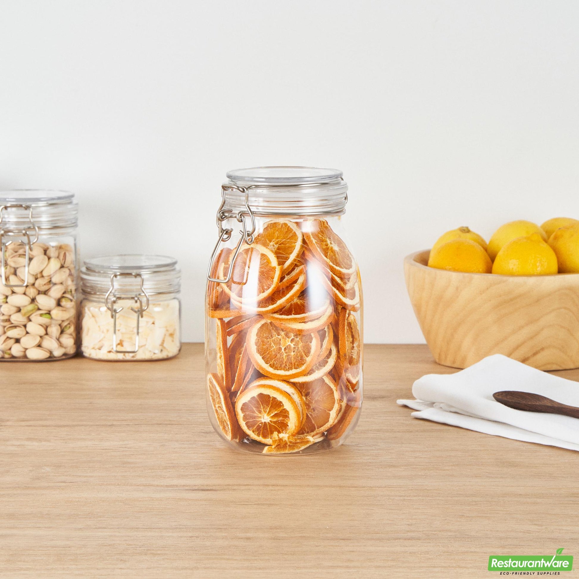 Wholesale Restaurantware Met Lux 56 Oz Round Clear Plastic Storage Jar - with Hinged Lid - 4 3/4" X 4 3/4" X 8 1/4" - 20 Count Box- Bulk