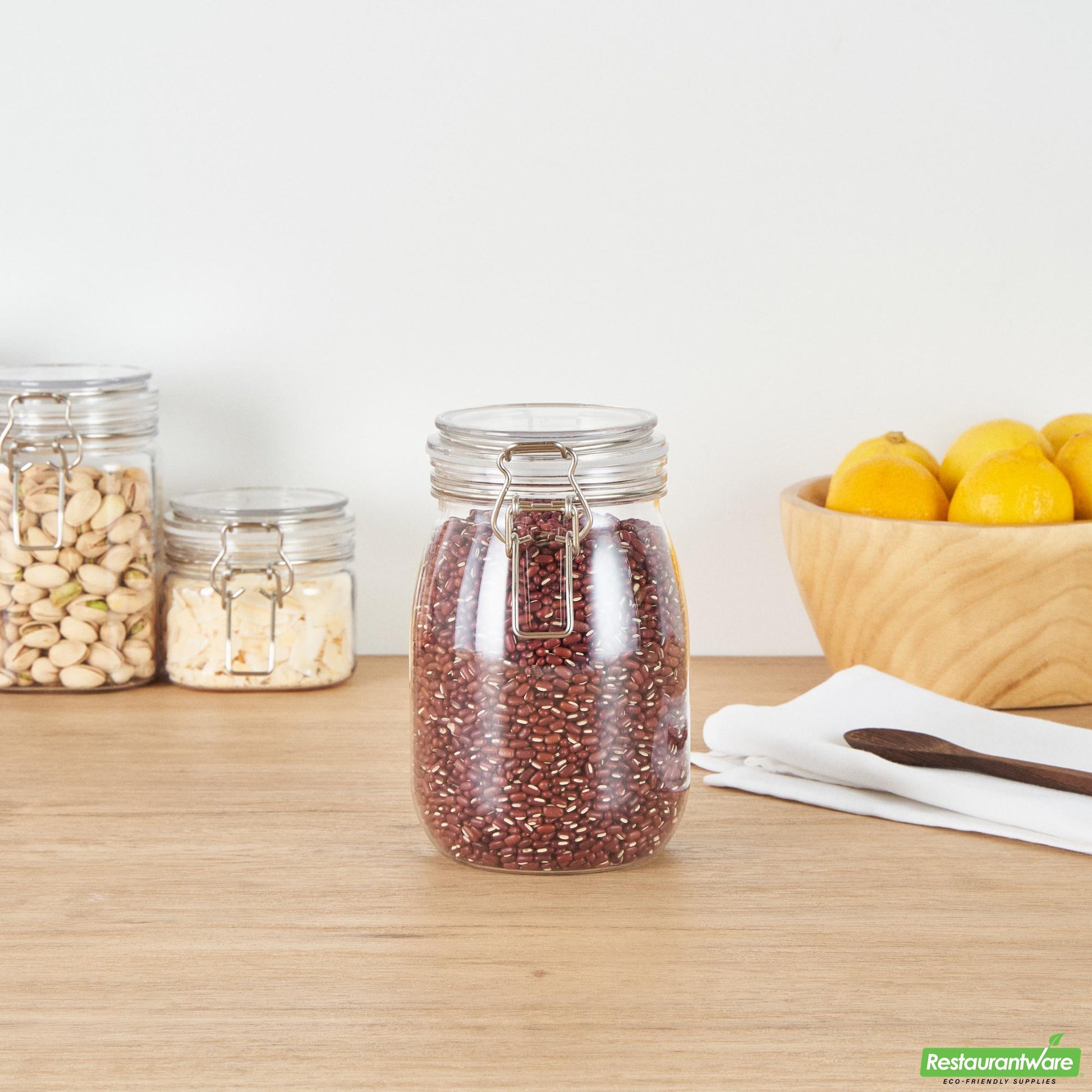 Wholesale Restaurantware Met Lux 39 Oz Round Clear Plastic Storage Jar - with Hinged Lid - 4 1/4" X 4 1/4" X 7" - 20 Count Box- Bulk