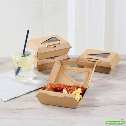 Wholesale Restaurantware Eco Tek Square Kraft Paper Corrugated Clamshell Container - with Pla Window - 5" X 4" X 2" - 100 Count Box- Bulk