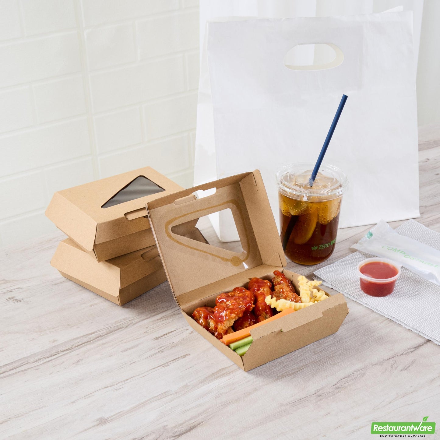 Wholesale Restaurantware Eco Tek Square Kraft Paper Corrugated Clamshell Container - with Pla Window - 5" X 4" X 2" - 100 Count Box- Bulk