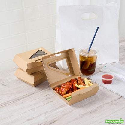 Wholesale Restaurantware Eco Tek Square Kraft Paper Corrugated Clamshell Container - with Pla Window - 5" X 4" X 2" - 100 Count Box- Bulk
